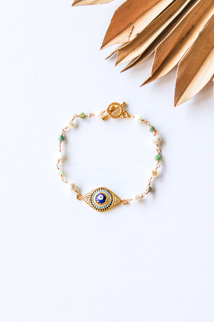 18K Toggle Evil Eye Pearl & Amazonite Bracelet | Shop Bali Queen