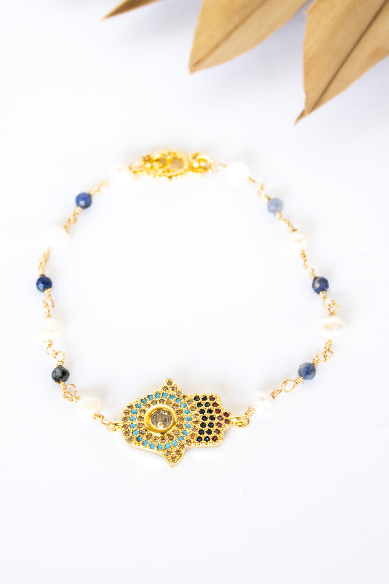 18K Toggle Lg Hamsa Lapis and Pearl Bracelet | Shop Bali Queen