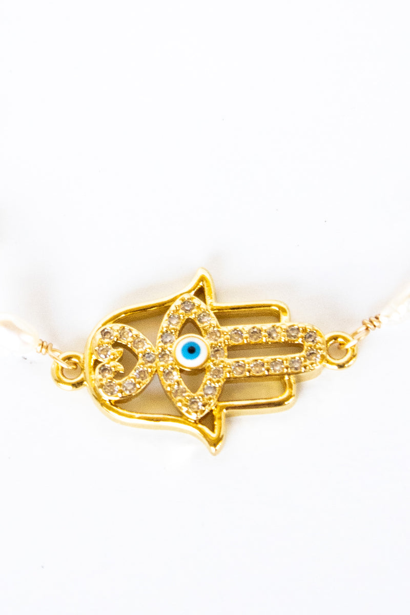 18K Toggle Golden Hamsa Selenite & Pearl Bracelet | Shop Bali Queen