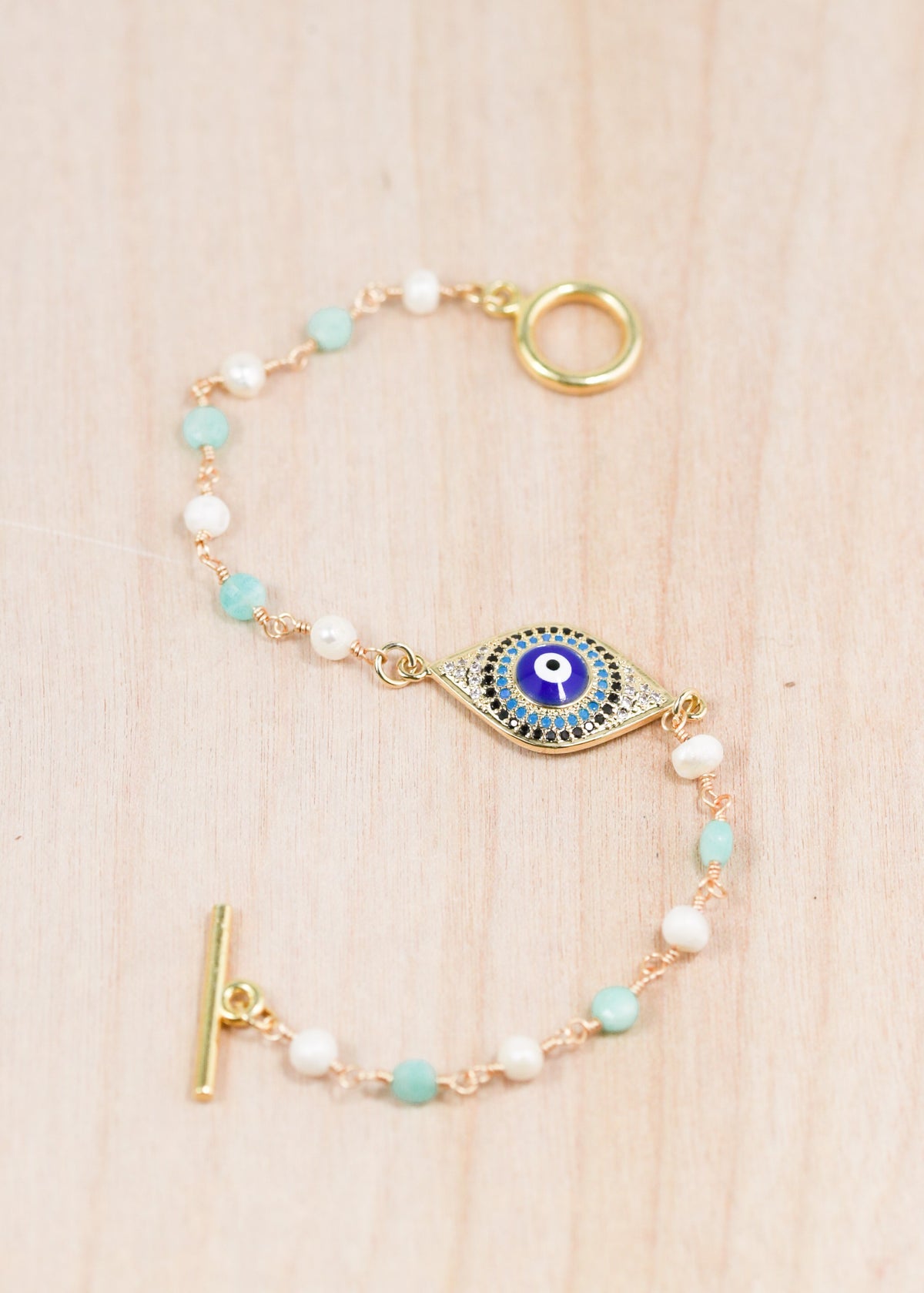 18K Toggle Evil Eye Pearl & Amazonite Bracelet | Shop Bali Queen