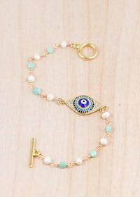 18K Toggle Evil Eye Pearl & Amazonite Bracelet | Shop Bali Queen