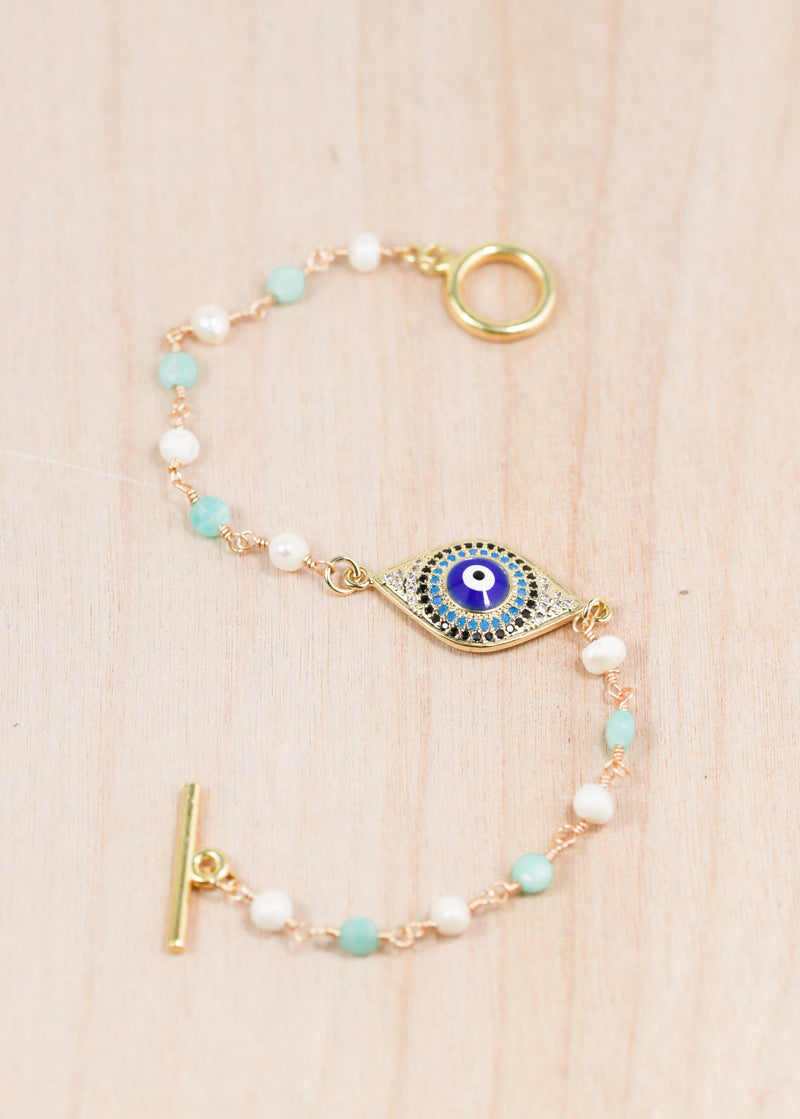 18K Toggle Evil Eye Pearl & Amazonite Bracelet | Shop Bali Queen