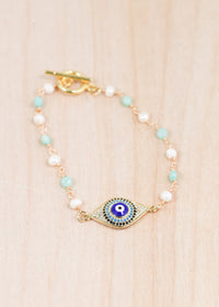 18K Toggle Evil Eye Pearl & Amazonite Bracelet | Shop Bali Queen