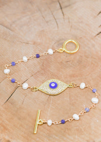 18K Toggle Evil Eye Pearl & Lapis Lazuli Bracelet